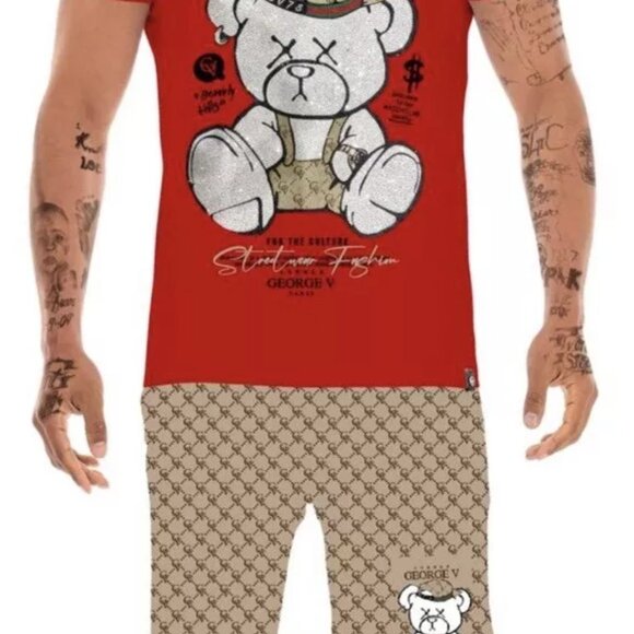 Avenue George V Paris Short Set Men's Red 2 piece set Teddy Bear Rhinestone 3XL - Picture 4 of 8